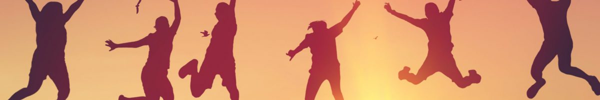 Silhouette happy friends jump and birds fly on sunset sky at top of mountain abstract background. Copy space of feel good freedom and travel adventure concept. Vintage tone filter effect color style.